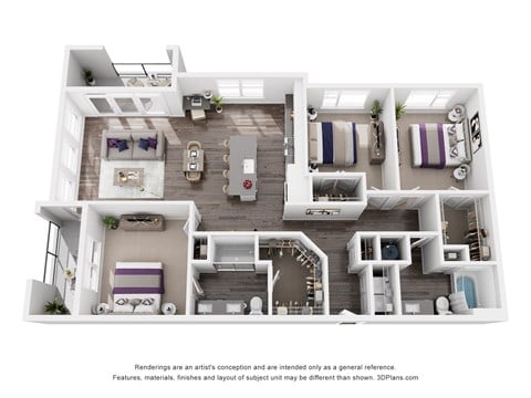 Floor plan for 3 beds, 2 baths, 1500 sqft